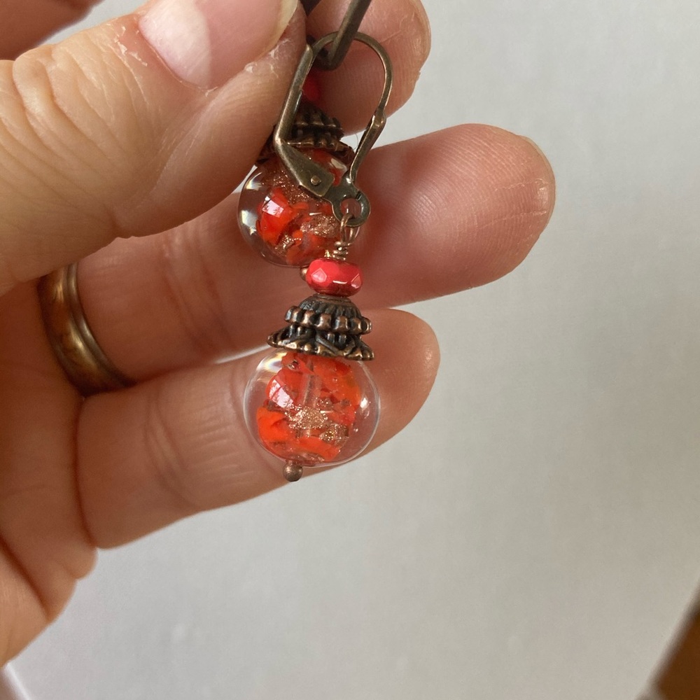 Coral & Clear Lampwork Glass Drop Earrings